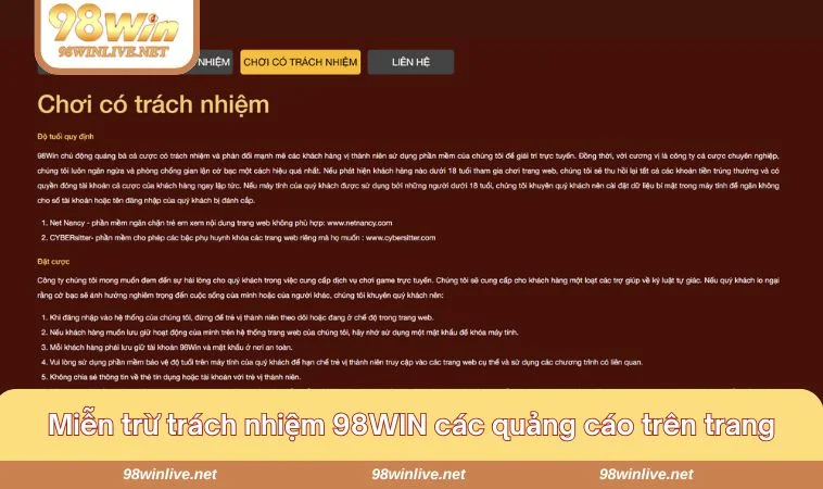 Miễn Trừ Trách Nhiệm 98WIN 186 Người chơi cần tự chịu trách nhiệm khi tương tác (nhấp, click) các quảng cáo