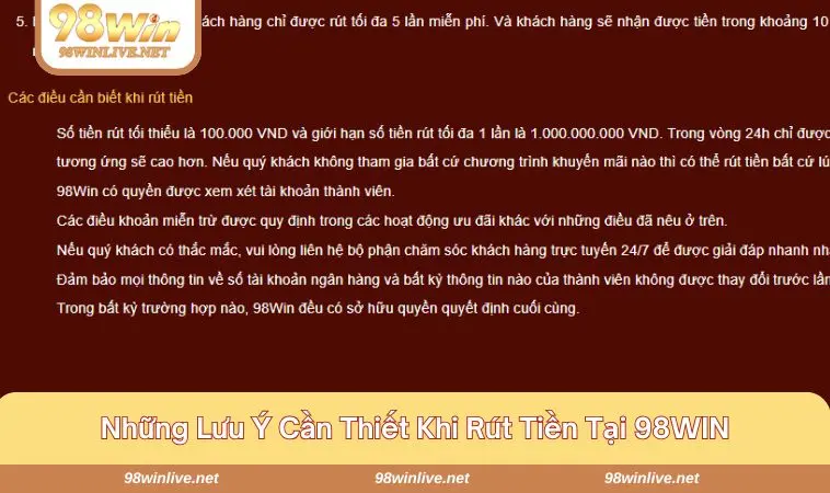 Rút Tiền 98WIN 228 Một số lưu ý cần biết khi thực hiện rút tiền 98WIN